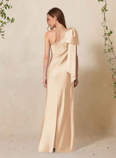 Elegant Bow(s) One-Shoulder Back Slit Floor-Length Charmeuse