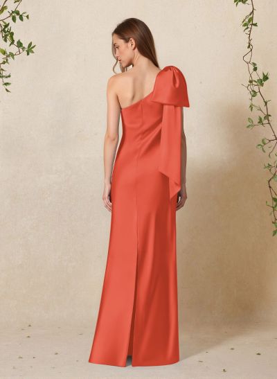 Elegant Bow(s) One-Shoulder Back Slit Floor-Length Charmeuse