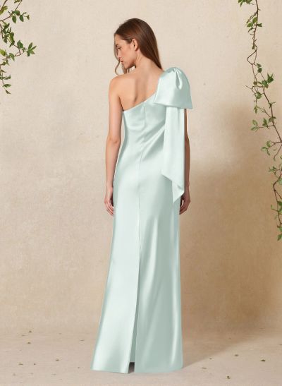Elegant Bow(s) One-Shoulder Back Slit Floor-Length Charmeuse