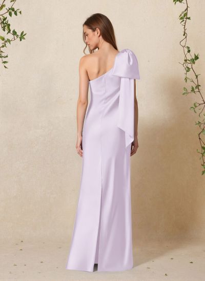 Elegant Bow(s) One-Shoulder Back Slit Floor-Length Charmeuse
