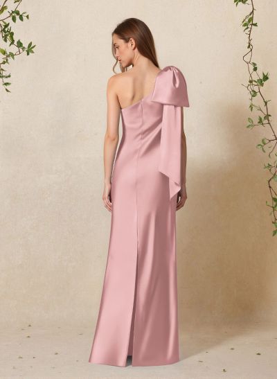 Elegant Bow(s) One-Shoulder Back Slit Floor-Length Charmeuse