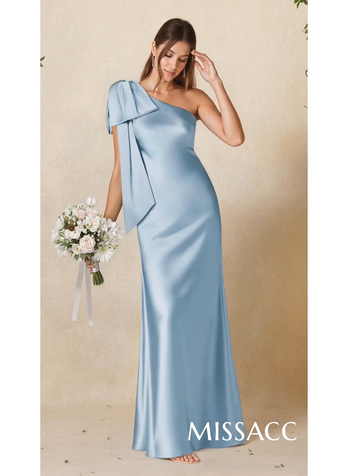 Elegant Bow(s) One-Shoulder Back Slit Floor-Length Charmeuse