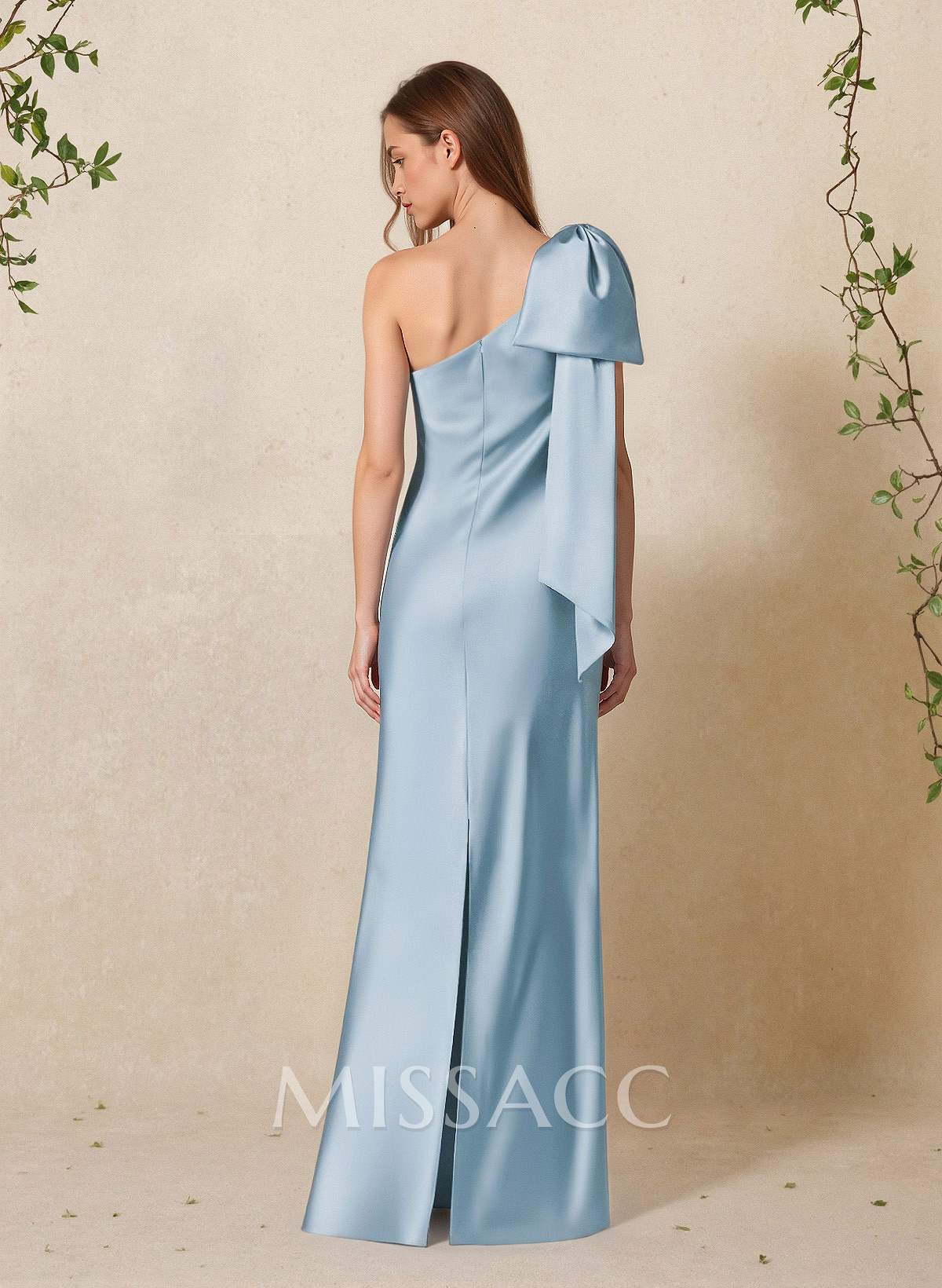 Elegant Bow(s) One-Shoulder Back Slit Floor-Length Charmeuse Elegant Bow(s) One-Shoulder Back Slit Floor-Length Charmeuse