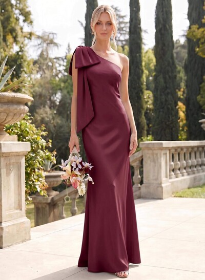 Elegant Bow(s) One-Shoulder Back Slit Floor-Length Charmeuse