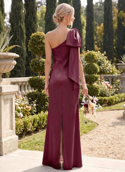 Elegant Bow(s) One-Shoulder Back Slit Floor-Length Charmeuse