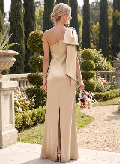 Elegant Bow(s) One-Shoulder Back Slit Floor-Length Charmeuse