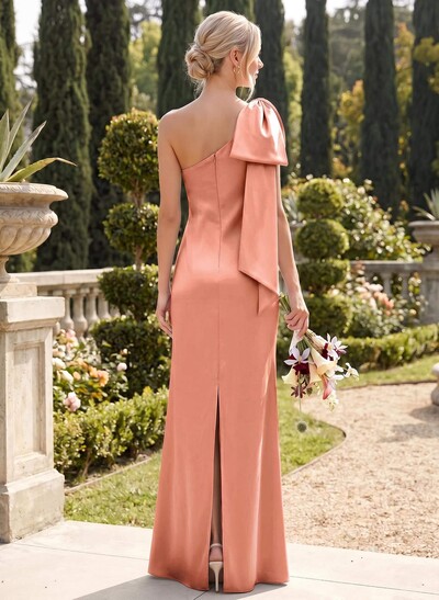 Elegant Bow(s) One-Shoulder Back Slit Floor-Length Charmeuse