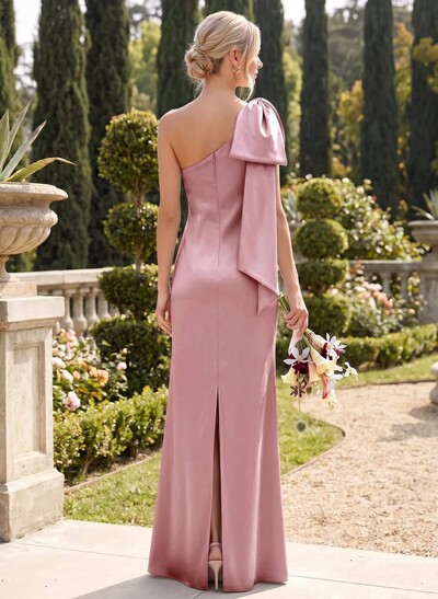 Elegant Bow(s) One-Shoulder Back Slit Floor-Length Charmeuse