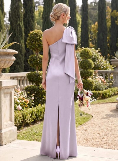 Elegant Bow(s) One-Shoulder Back Slit Floor-Length Charmeuse