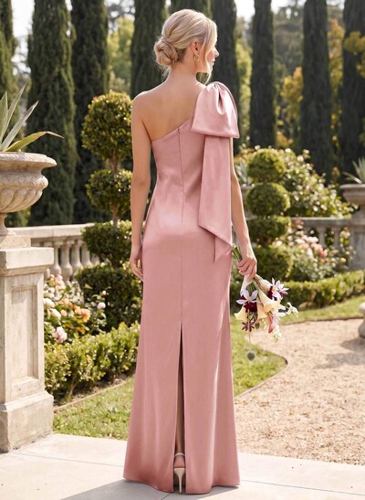 Elegant Bow(s) One-Shoulder Back Slit Floor-Length Charmeuse