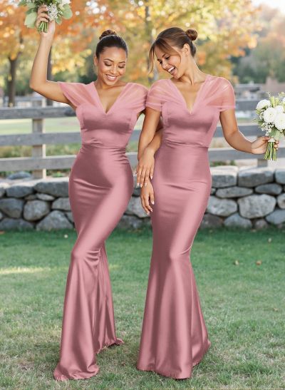 Elegant V-Neck Floor-Length Mermaid Satin/Tulle Bridesmaid Dresses