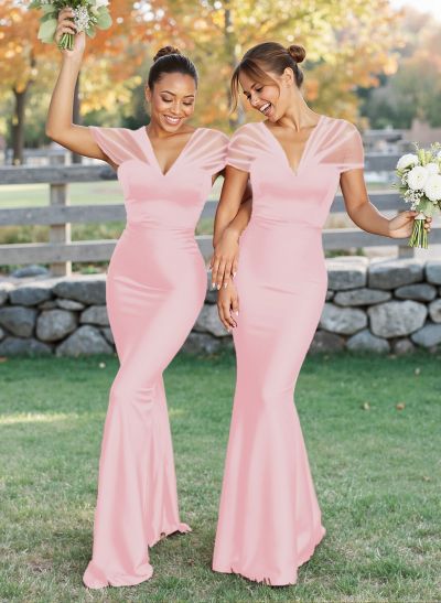 Elegant V-Neck Floor-Length Mermaid Satin/Tulle Bridesmaid Dresses