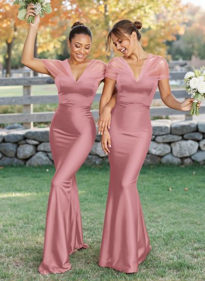Elegant V-Neck Floor-Length Mermaid Satin/Tulle Bridesmaid Dresses