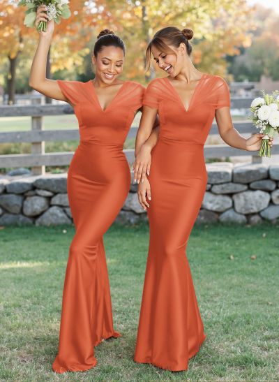 Elegant V-Neck Floor-Length Mermaid Satin/Tulle Bridesmaid Dresses