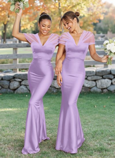 Elegant V-Neck Floor-Length Mermaid Satin/Tulle Bridesmaid Dresses