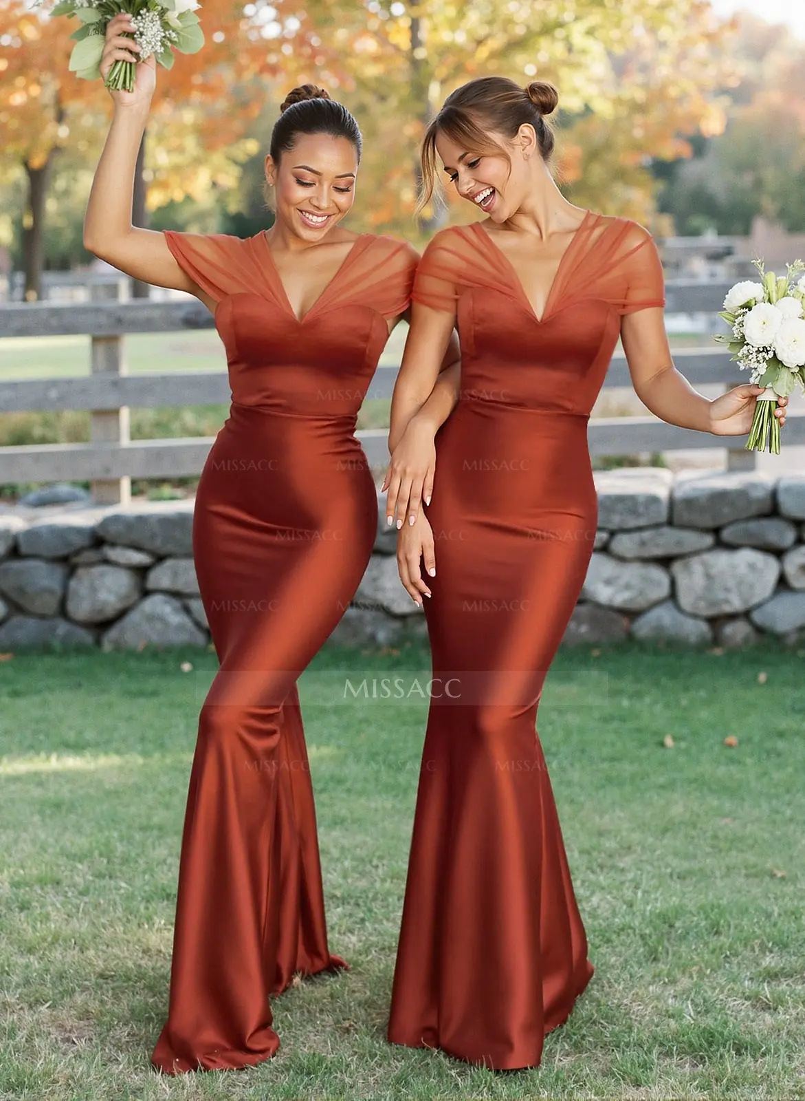 Missacc Dusty Rose Bridesmaid Elegant V-Neck Floor-Length Mermaid Satin/Tulle Bridesmaid Dresses Missacc Dusty Rose Bridesmaid Elegant V-Neck Floor-Length Mermaid Satin/Tulle Bridesmaid Dresses