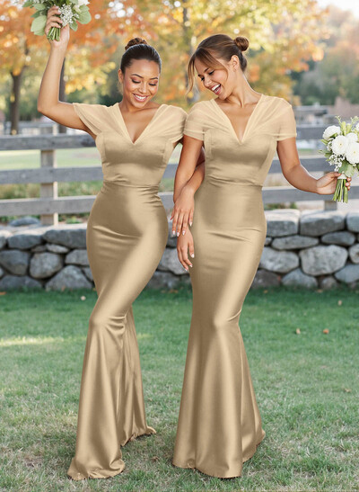 Elegant V-Neck Floor-Length Mermaid Satin/Tulle Bridesmaid Dresses