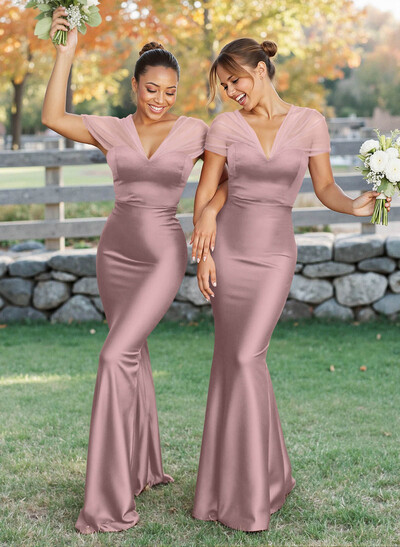 Elegant V-Neck Floor-Length Mermaid Satin/Tulle Bridesmaid Dresses