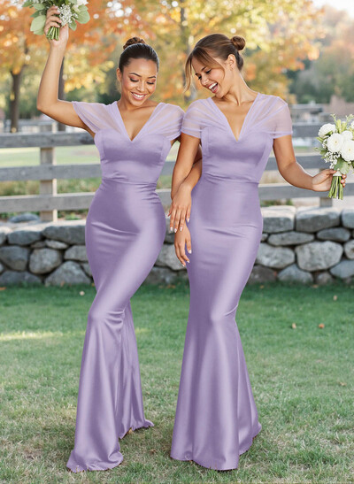 Elegant V-Neck Floor-Length Mermaid Satin/Tulle Bridesmaid Dresses