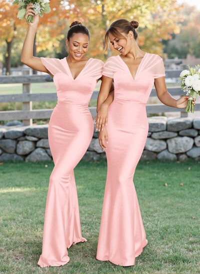 Elegant V-Neck Floor-Length Mermaid Satin/Tulle Bridesmaid Dresses