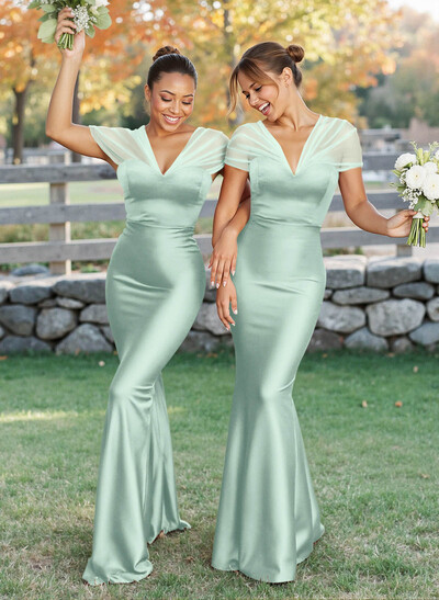 Elegant V-Neck Floor-Length Mermaid Satin/Tulle Bridesmaid Dresses