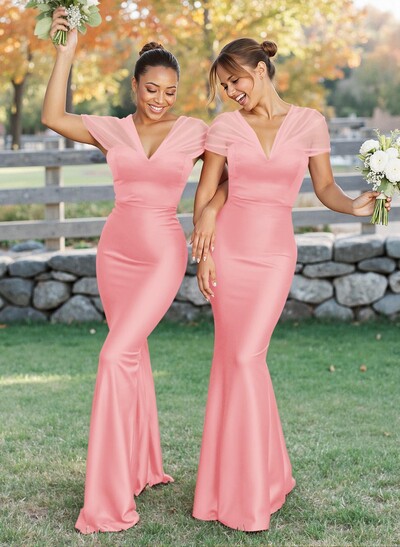 Elegant V-Neck Floor-Length Mermaid Satin/Tulle Bridesmaid Dresses