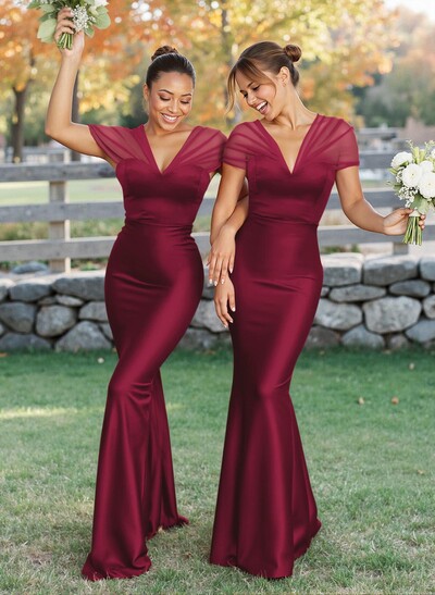 Elegant V-Neck Floor-Length Mermaid Satin/Tulle Bridesmaid Dresses
