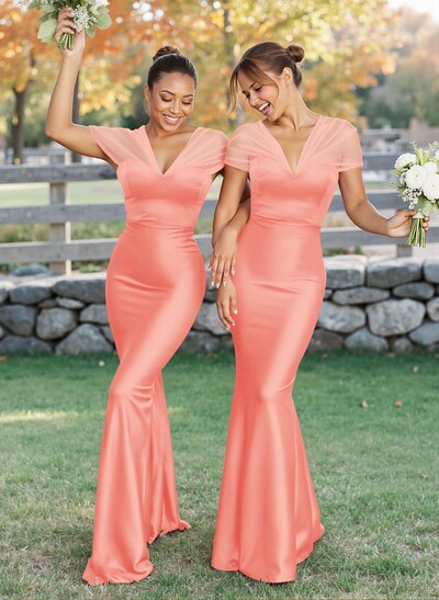 Elegant V-Neck Floor-Length Mermaid Satin/Tulle Bridesmaid Dresses