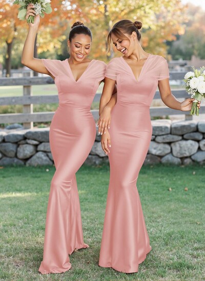 Elegant V-Neck Floor-Length Mermaid Satin/Tulle Bridesmaid Dresses