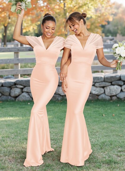 Elegant V-Neck Floor-Length Mermaid Satin/Tulle Bridesmaid Dresses