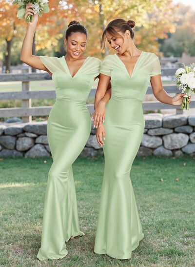 Elegant V-Neck Floor-Length Mermaid Satin/Tulle Bridesmaid Dresses