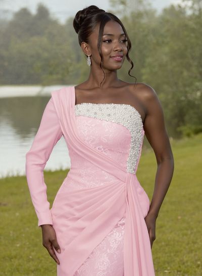 Luxury Beading One-Shoulder Long Sleeves Lace Bridesmaid Dresses With Sweeping Side Drape