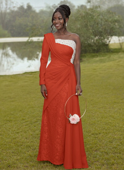 Luxury Beading One-Shoulder Long Sleeves Lace Bridesmaid Dresses With Sweeping Side Drape