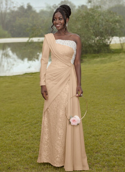 Luxury Beading One-Shoulder Long Sleeves Lace Bridesmaid Dresses With Sweeping Side Drape