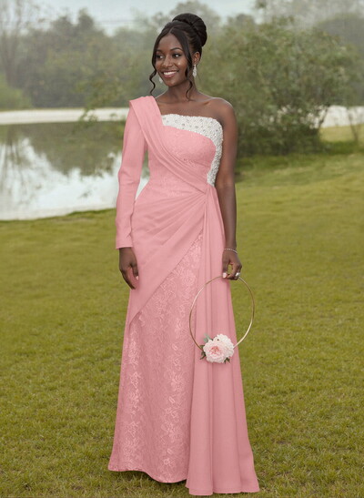 Luxury Beading One-Shoulder Long Sleeves Lace Bridesmaid Dresses With Sweeping Side Drape