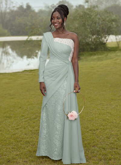 Luxury Beading One-Shoulder Long Sleeves Lace Bridesmaid Dresses With Sweeping Side Drape