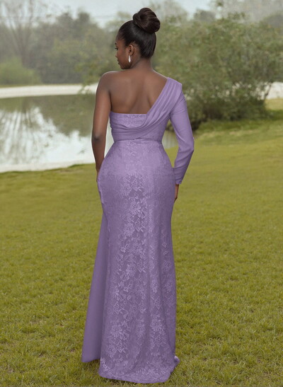 Luxury Beading One-Shoulder Long Sleeves Lace Bridesmaid Dresses With Sweeping Side Drape