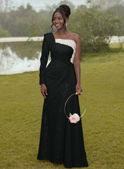 Luxury Beading One-Shoulder Long Sleeves Lace Bridesmaid Dresses With Sweeping Side Drape