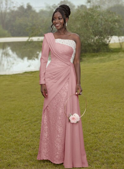 Luxury Beading One-Shoulder Long Sleeves Lace Bridesmaid Dresses With Sweeping Side Drape