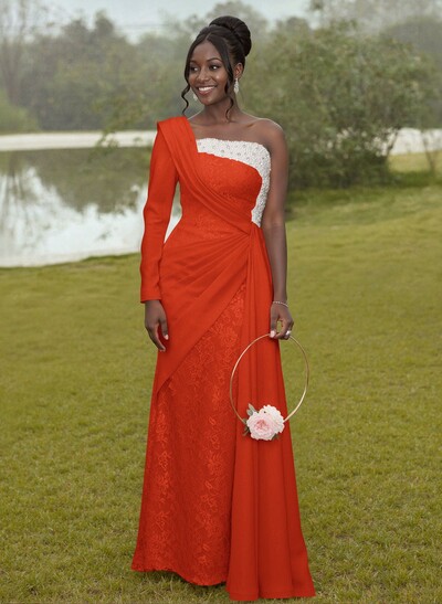 Luxury Beading One-Shoulder Long Sleeves Lace Bridesmaid Dresses With Sweeping Side Drape