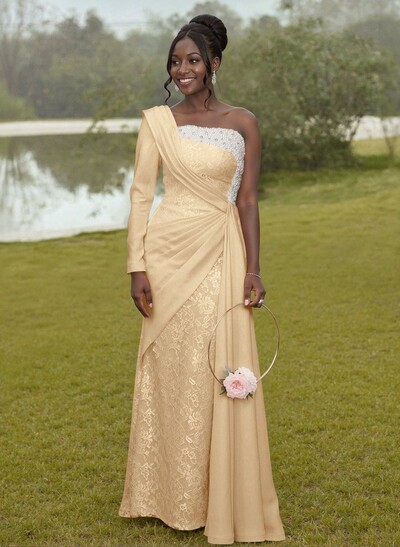 Luxury Beading One-Shoulder Long Sleeves Lace Bridesmaid Dresses With Sweeping Side Drape