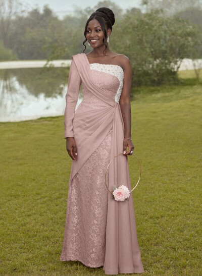 Luxury Beading One-Shoulder Long Sleeves Lace Bridesmaid Dresses With Sweeping Side Drape