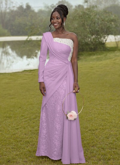 Luxury Beading One-Shoulder Long Sleeves Lace Bridesmaid Dresses With Sweeping Side Drape