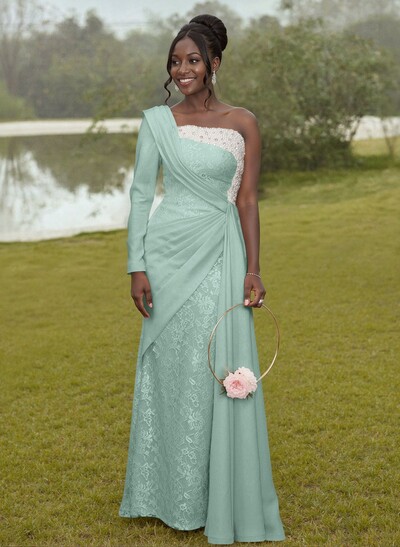 Luxury Beading One-Shoulder Long Sleeves Lace Bridesmaid Dresses With Sweeping Side Drape