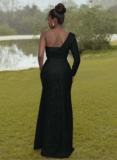 Luxury Beading One-Shoulder Long Sleeves Lace Bridesmaid Dresses With Sweeping Side Drape