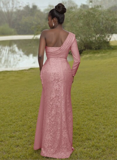 Luxury Beading One-Shoulder Long Sleeves Lace Bridesmaid Dresses With Sweeping Side Drape