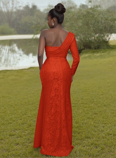 Luxury Beading One-Shoulder Long Sleeves Lace Bridesmaid Dresses With Sweeping Side Drape