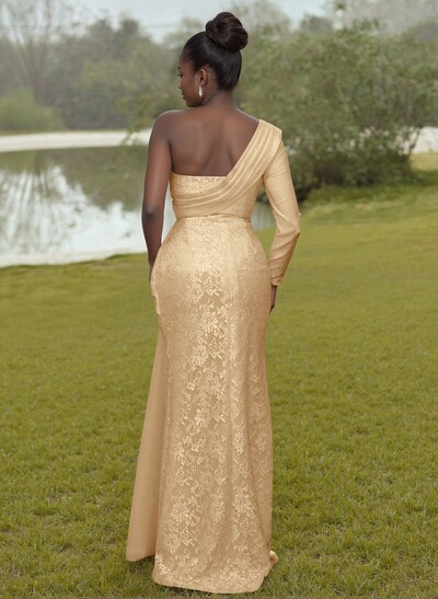 Luxury Beading One-Shoulder Long Sleeves Lace Bridesmaid Dresses With Sweeping Side Drape