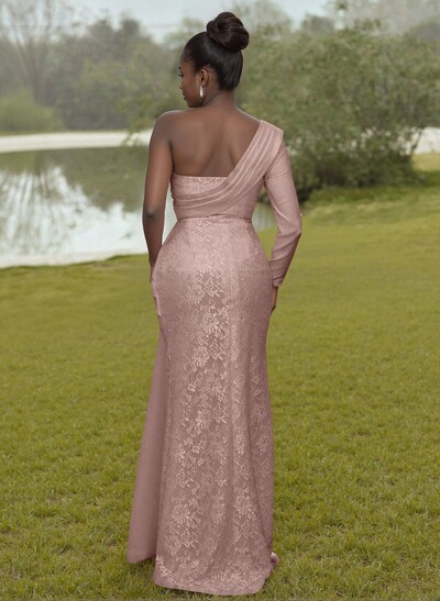 Luxury Beading One-Shoulder Long Sleeves Lace Bridesmaid Dresses With Sweeping Side Drape