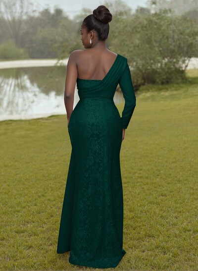 Luxury Beading One-Shoulder Long Sleeves Lace Bridesmaid Dresses With Sweeping Side Drape
